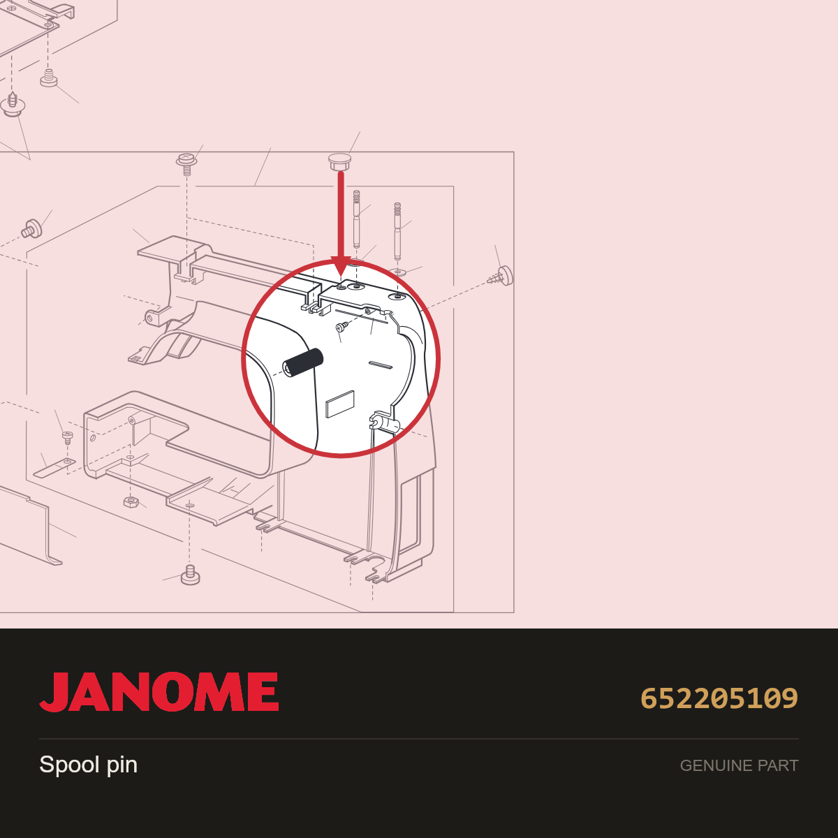 Spool Pin without hole, Janome #652205109 — shown on the Janome parts diagram