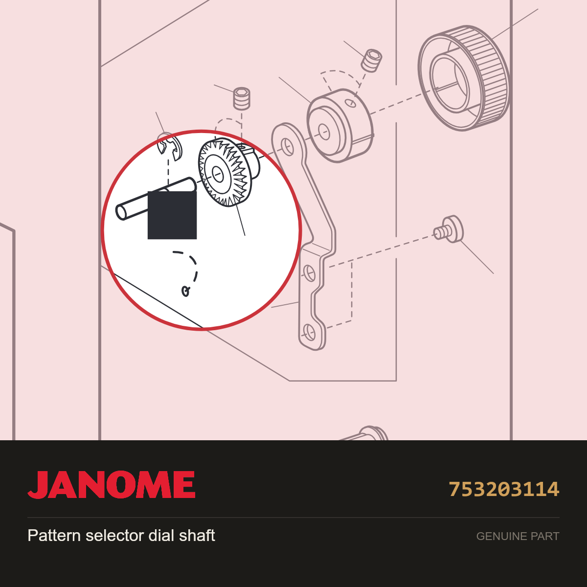 Pattern selector dial shaft, Janome #753203114 — shown on the Janome parts diagram