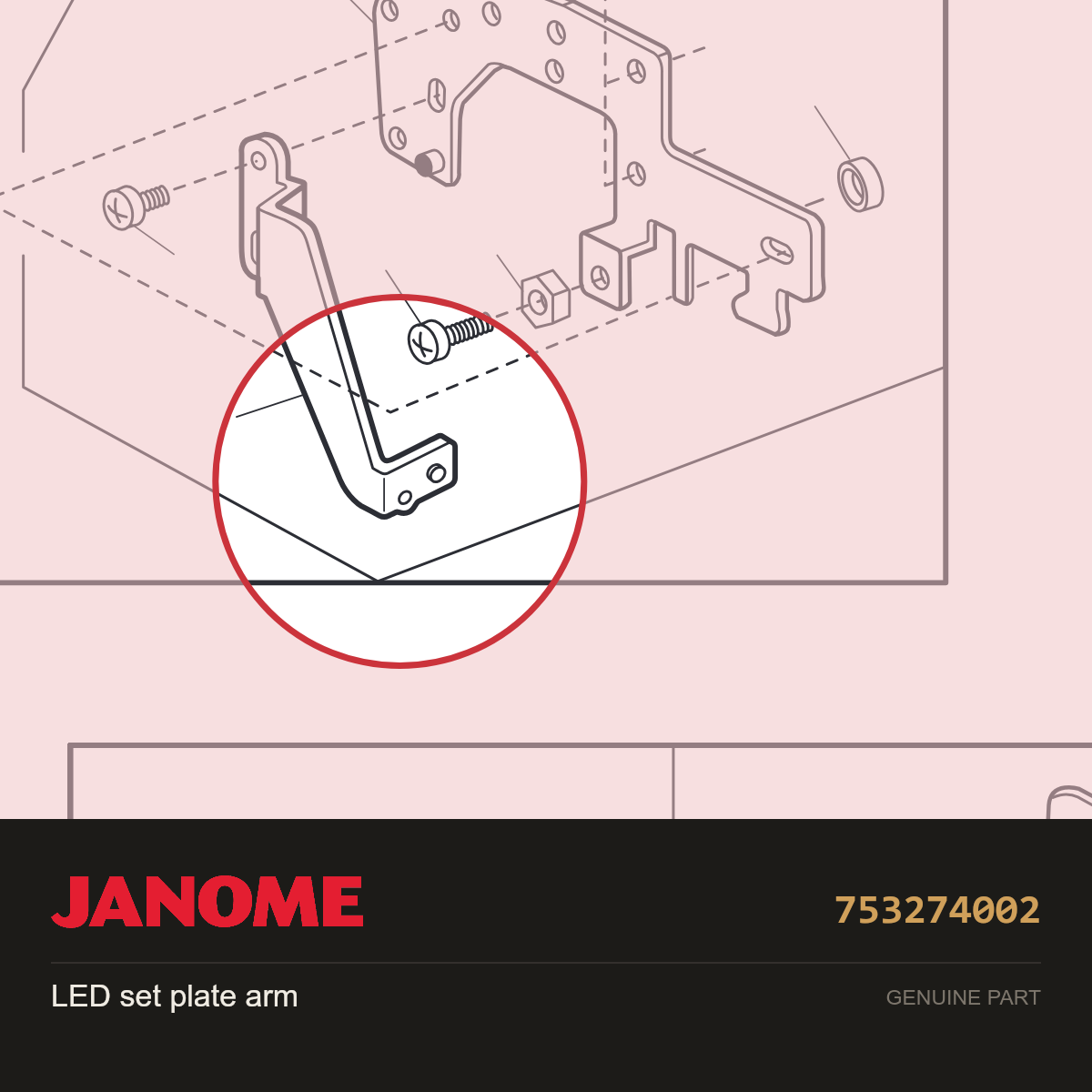 LED set plate arm, Janome #753274002 — shown on the Janome parts diagram