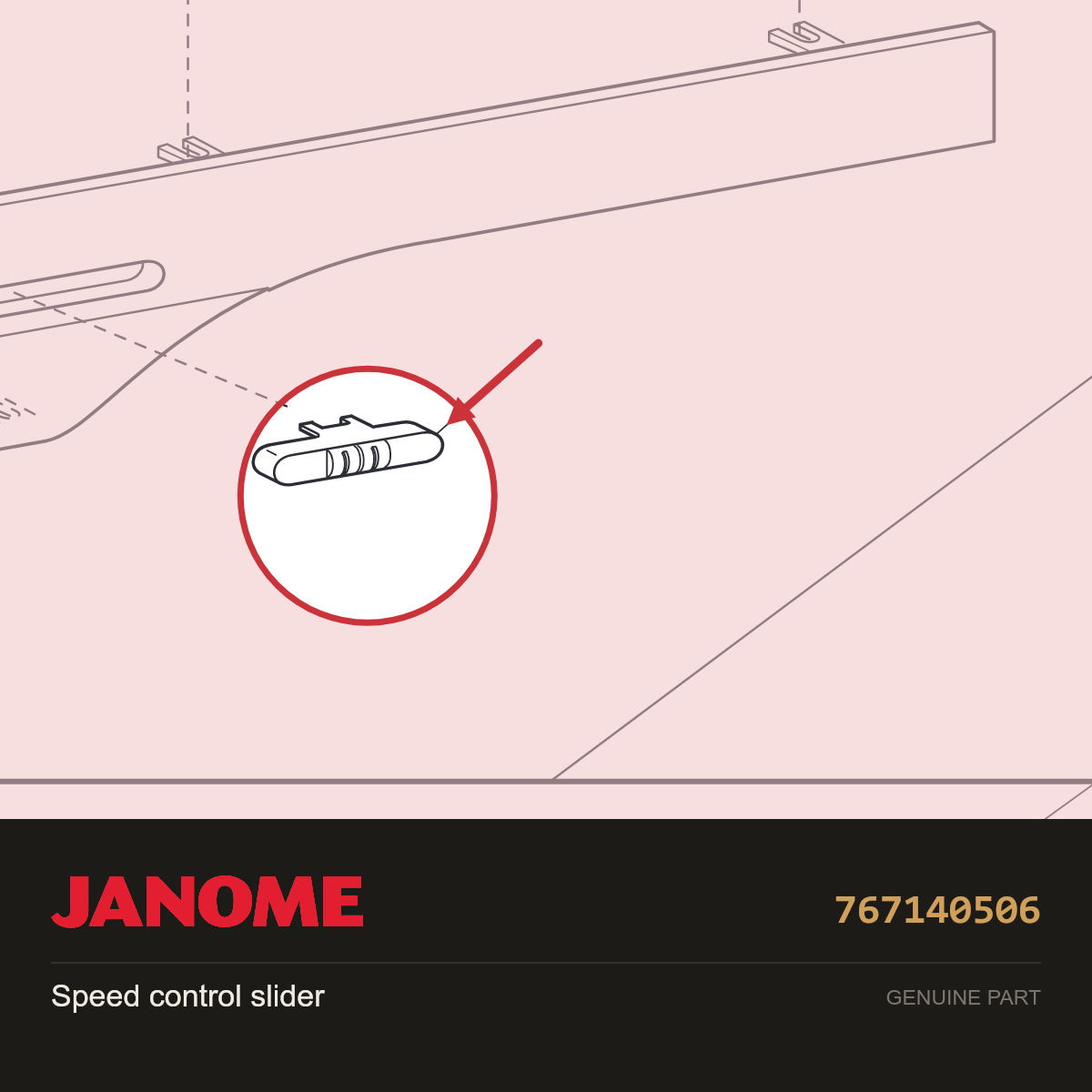 Speed control slider, Janome #767140506 — shown on the Janome parts diagram