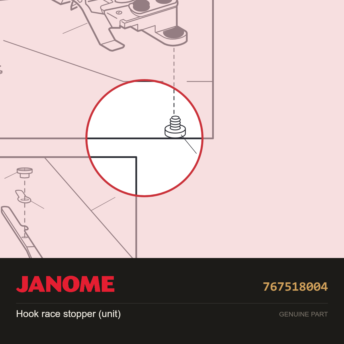 Hook Race Stopper Unit, Janome #767518004 — shown on the Janome parts diagram