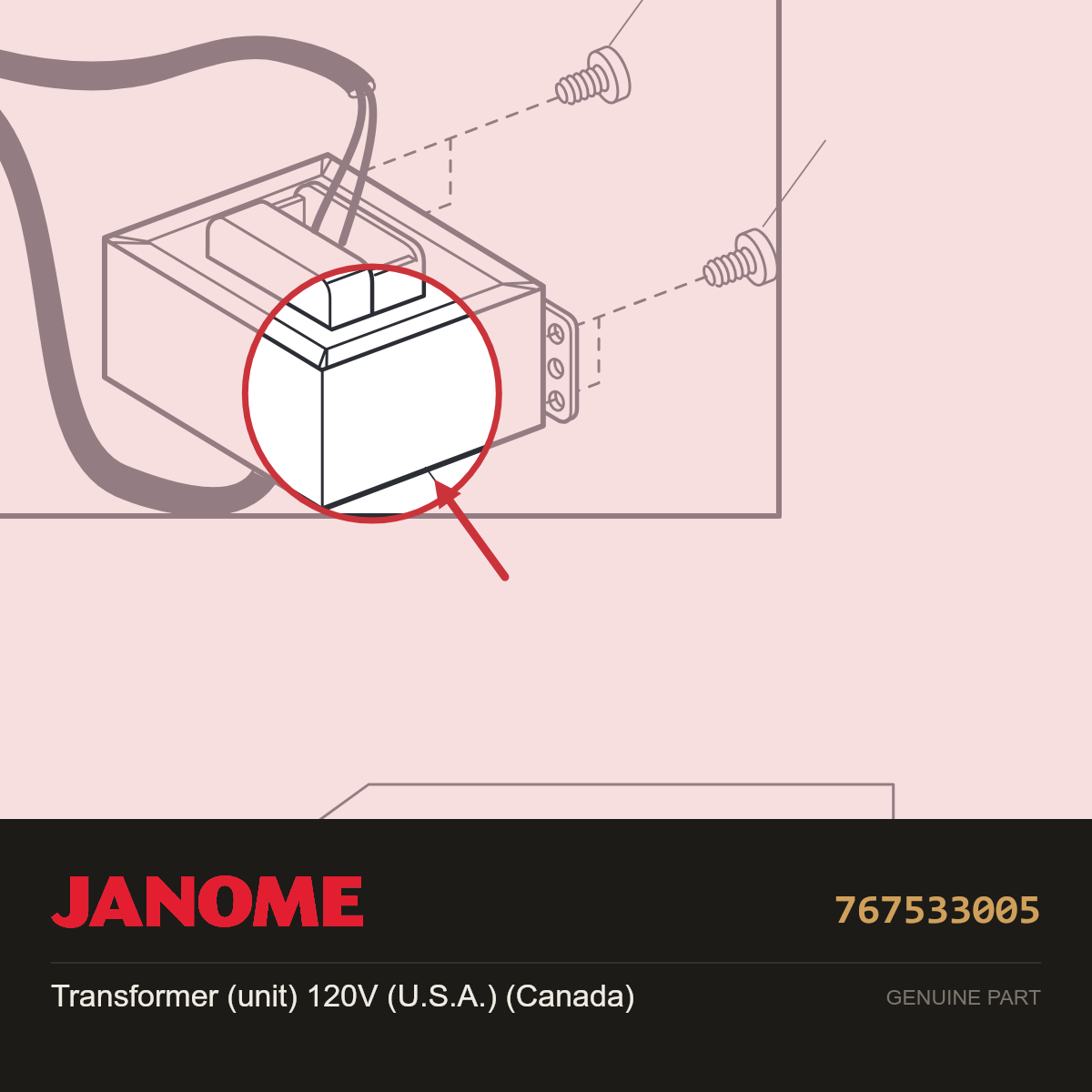 TRANSFORMER (UNIT), Janome #767533005 — shown on the Janome parts diagram