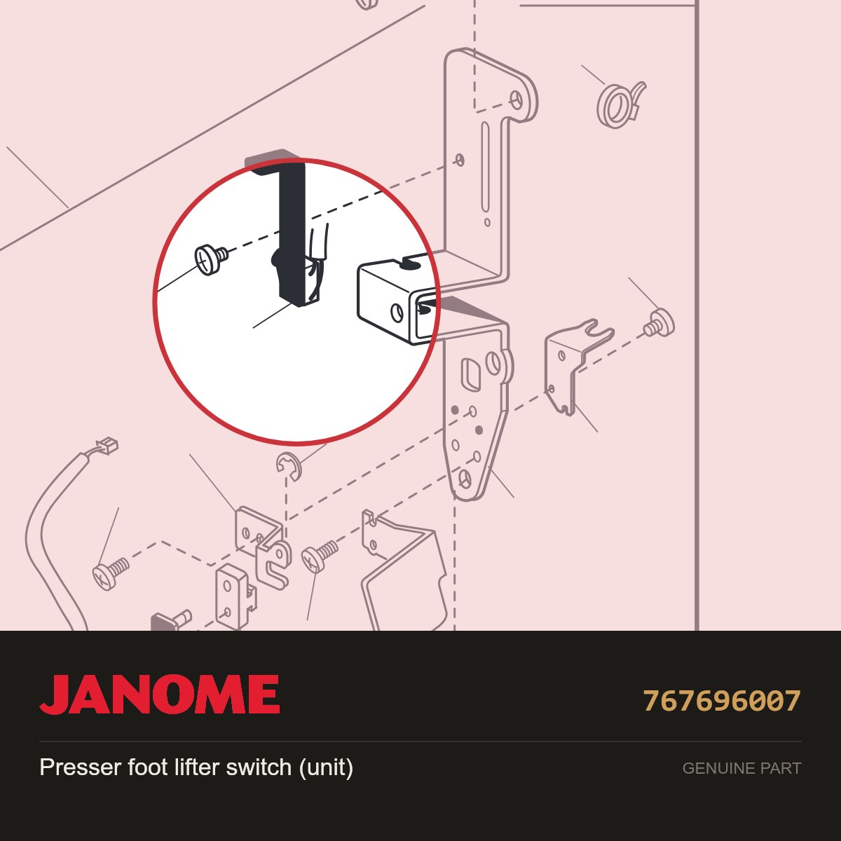 Presser foot lifter switch, Janome #767696007 — shown on the Janome parts diagram