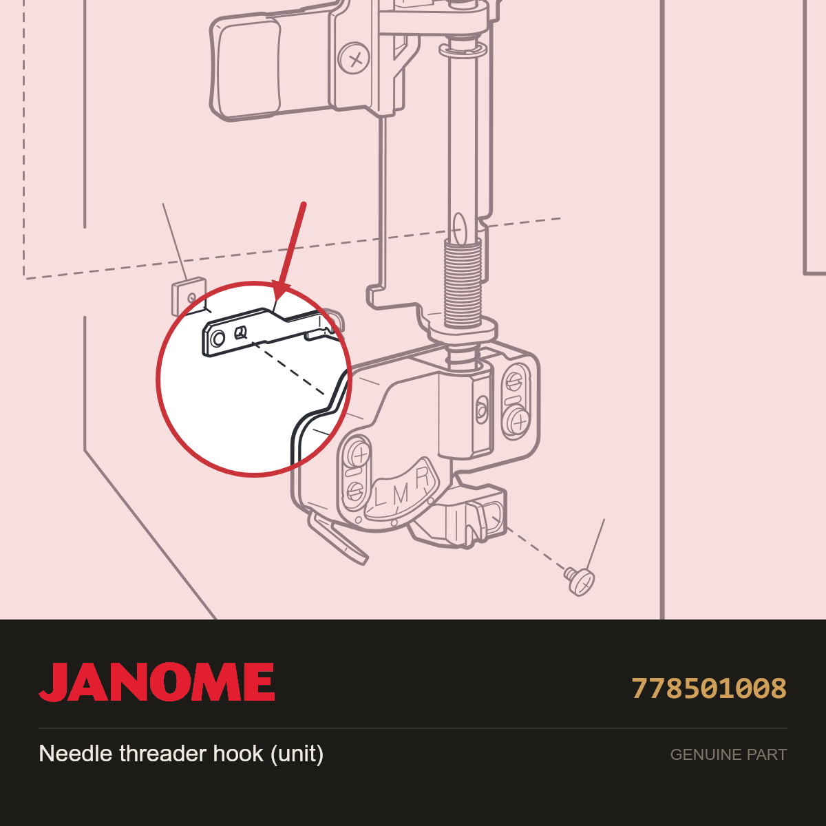 Needle threader hook (unit), Janome #778501008 — shown on the Janome parts diagram