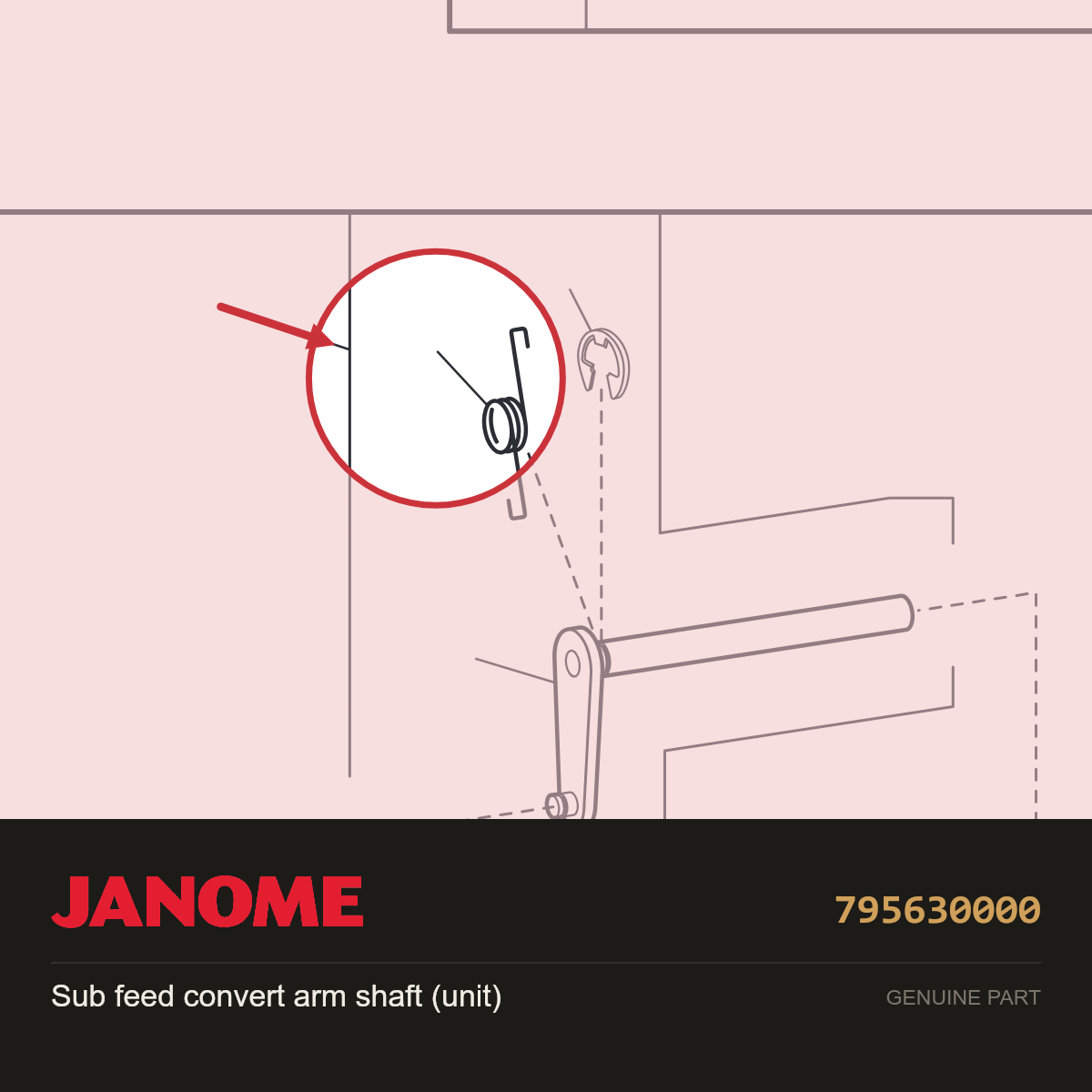 Sub feed conv arm shaft unit, Janome #795630000 — shown on the Janome parts diagram