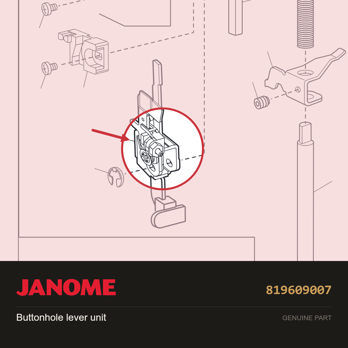 Buttonhole lever (unit), Janome #819609007 — shown on the Janome parts diagram