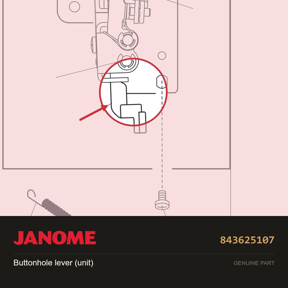 Buttonhole Lever Unit, Janome #843625107 — shown on the Janome parts diagram