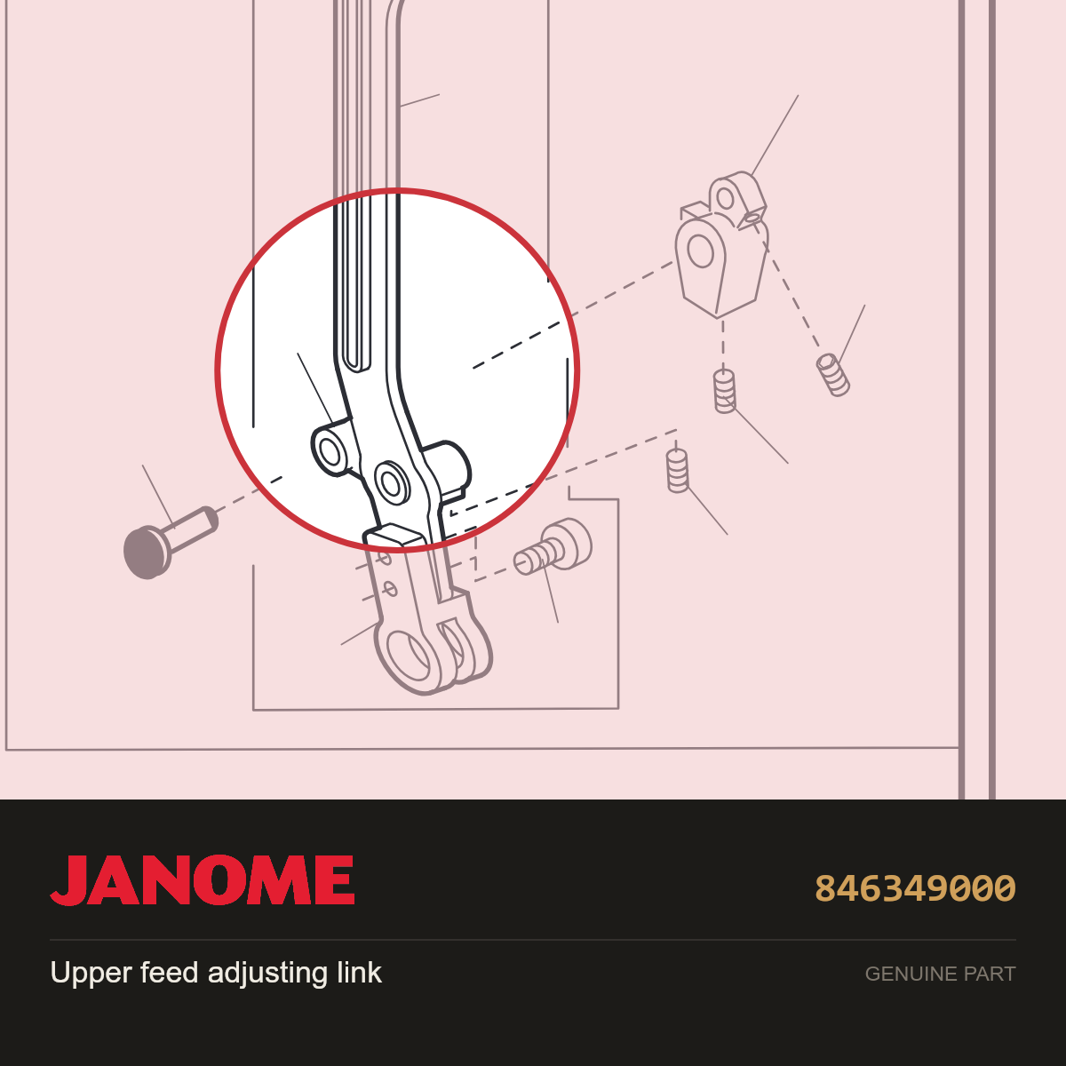 Upper feed adjusting link, Janome #846349000 — shown on the Janome parts diagram