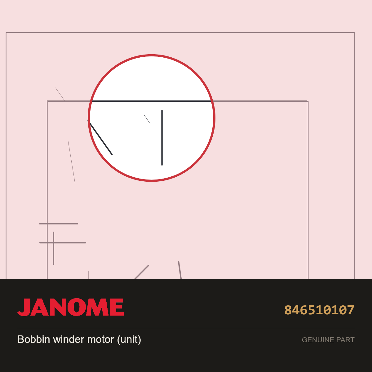Bobbin winder motor (unit), Janome #846510107 — shown on the Janome parts diagram