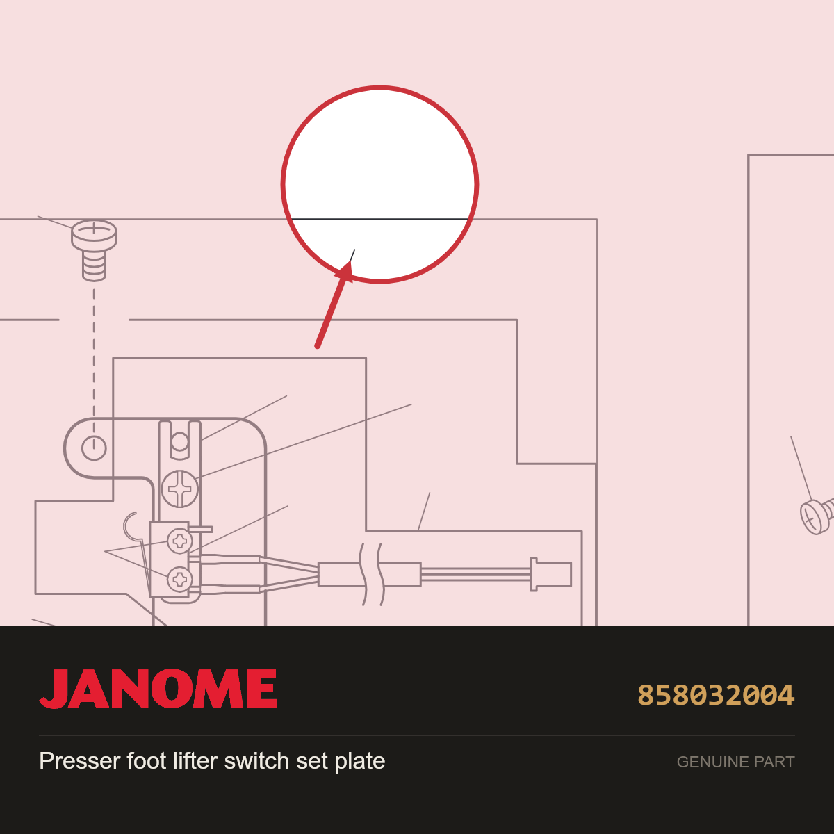 Press ft lift switch set plate, Janome #858032004 — shown on the Janome parts diagram