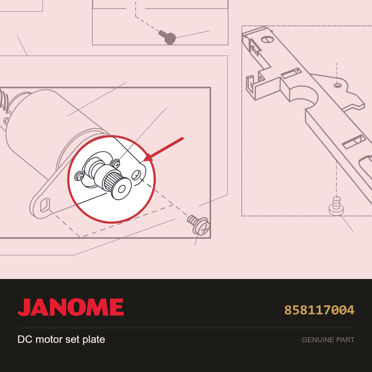 DC motor set plate, Janome #858117004 — shown on the Janome parts diagram