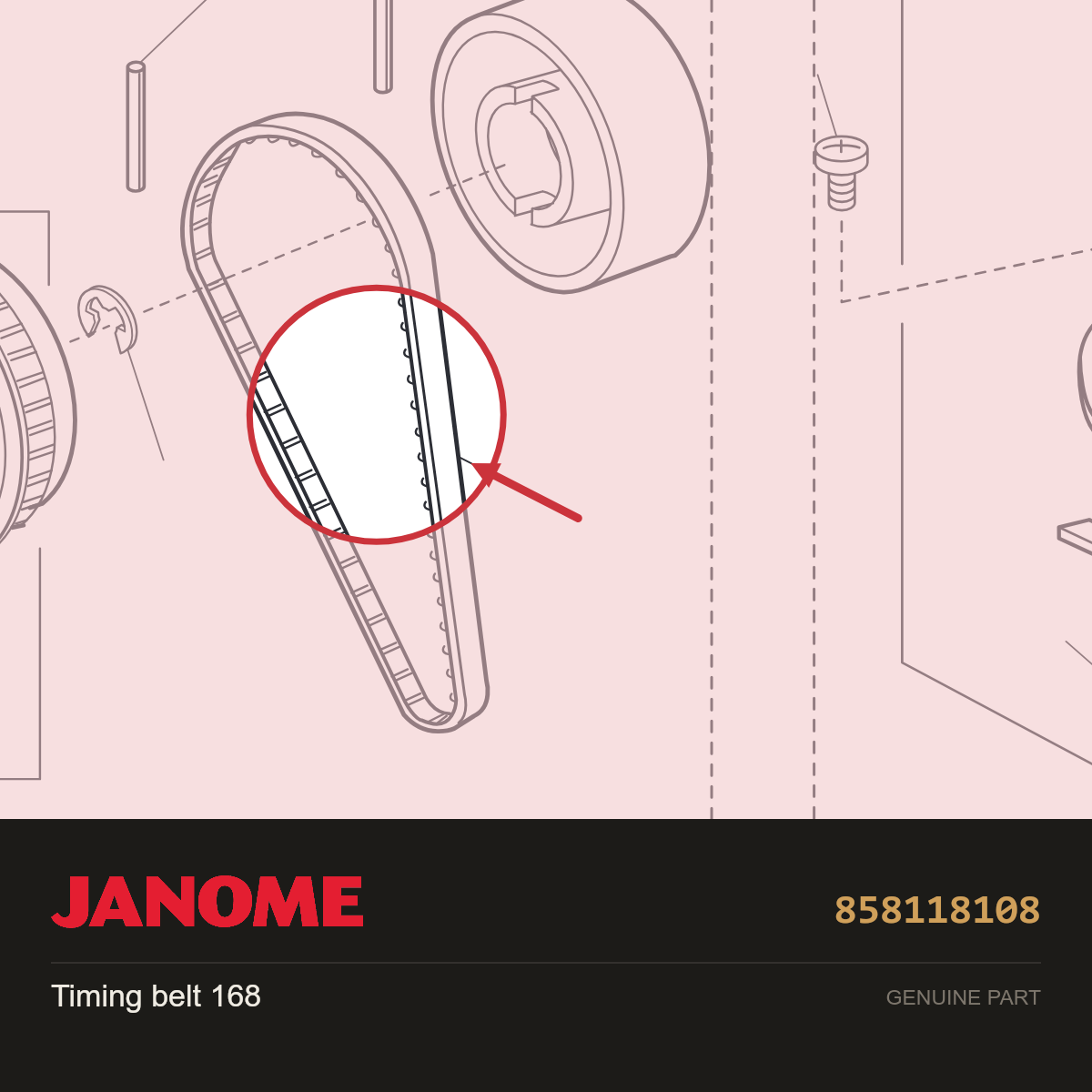 Timing belt 168, Janome #858118108 — shown on the Janome parts diagram