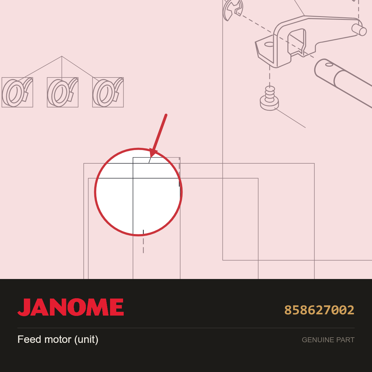 Feed motor (unit), Janome #858627002 — shown on the Janome parts diagram