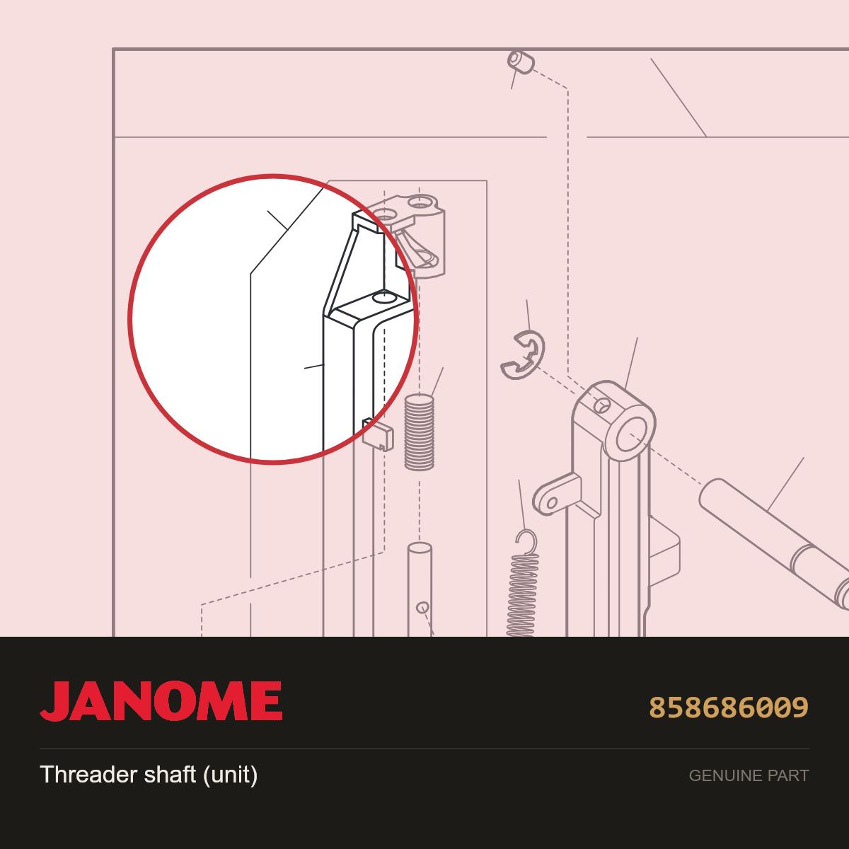 Threader shaft (unit), Janome #858686009 — shown on the Janome parts diagram