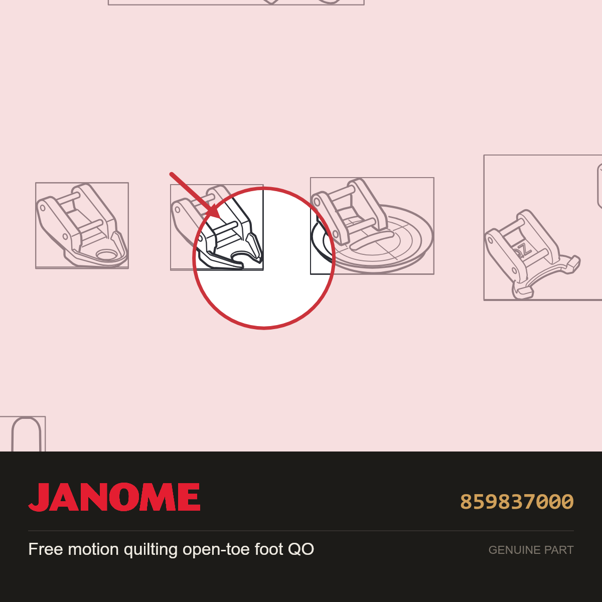 Free motion qtng opentoe Ft QO, Janome #859837000 — shown on the Janome parts diagram