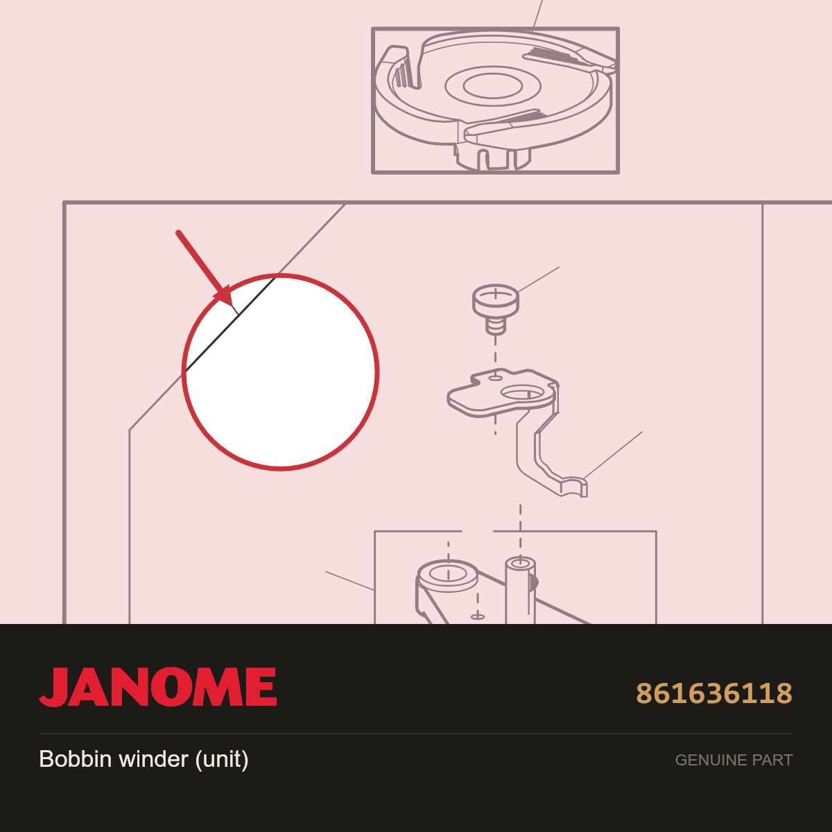 Bobbin winder (unit), Janome #861636118 — shown on the Janome parts diagram
