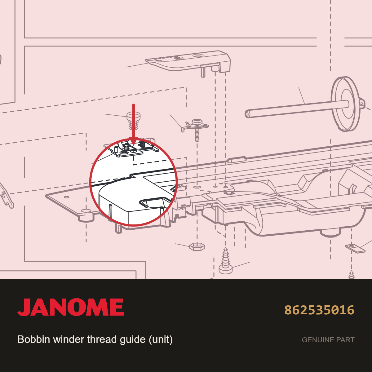 Bobbin Winder Thread Guide, Janome #862535016 — shown on the Janome parts diagram