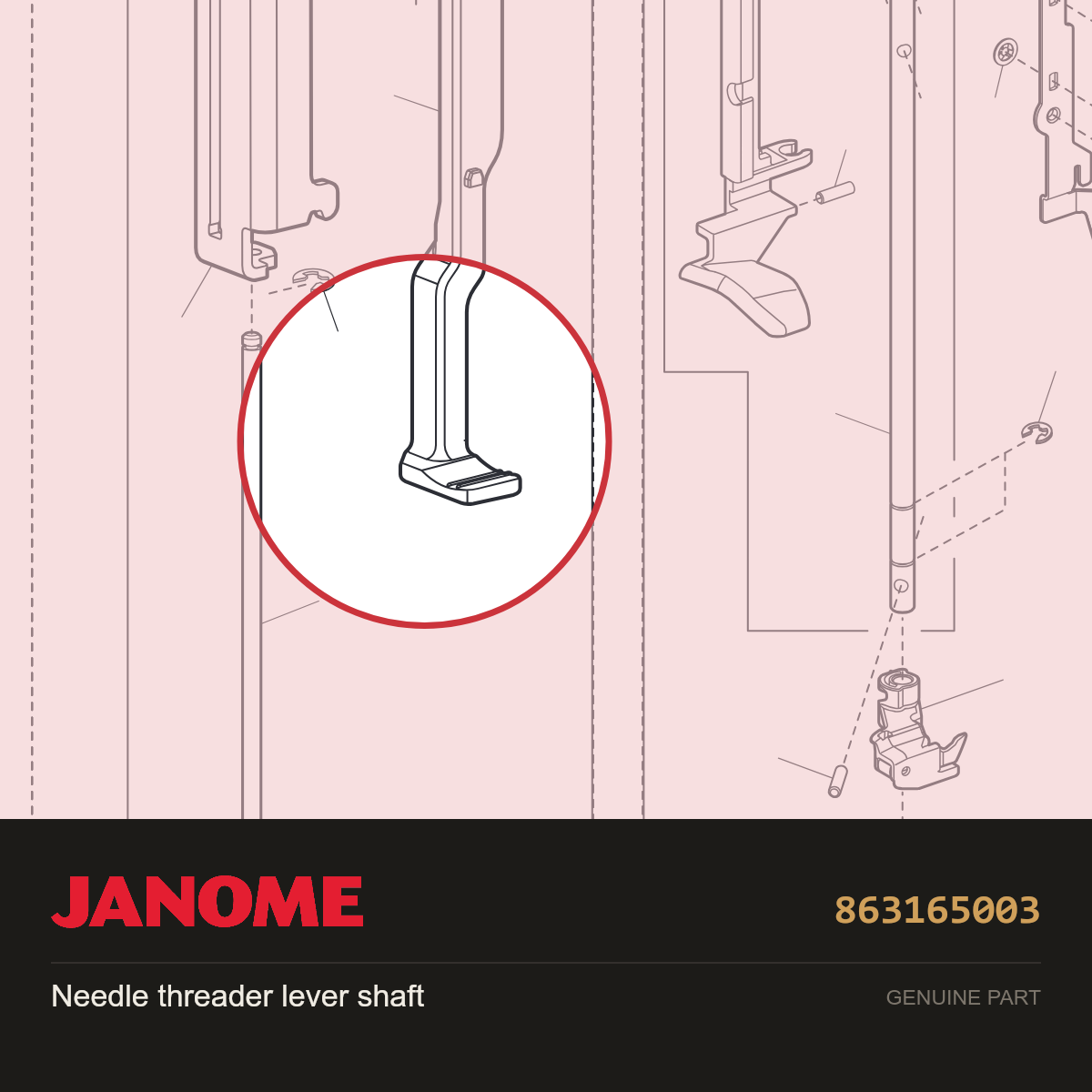 Needle threader lever shaft, Janome #863165003 — shown on the Janome parts diagram