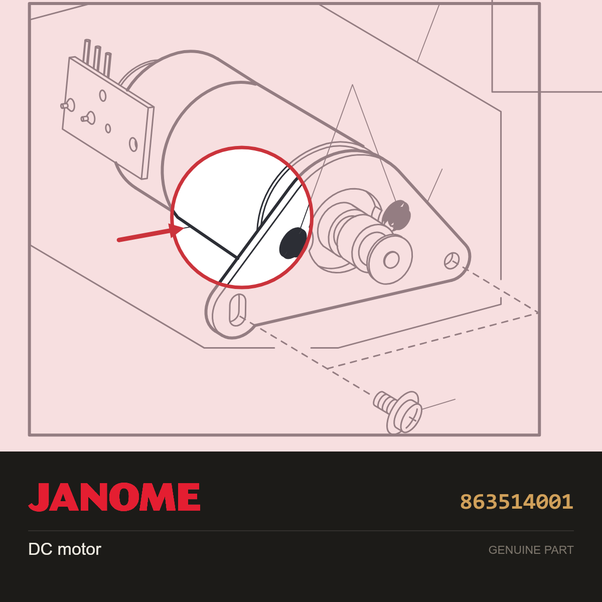 Dc motor (unit), Janome #863514001 — shown on the Janome parts diagram
