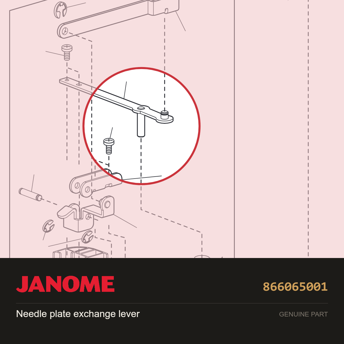 Needle plate exchange lever, Janome #866065001 — shown on the Janome parts diagram