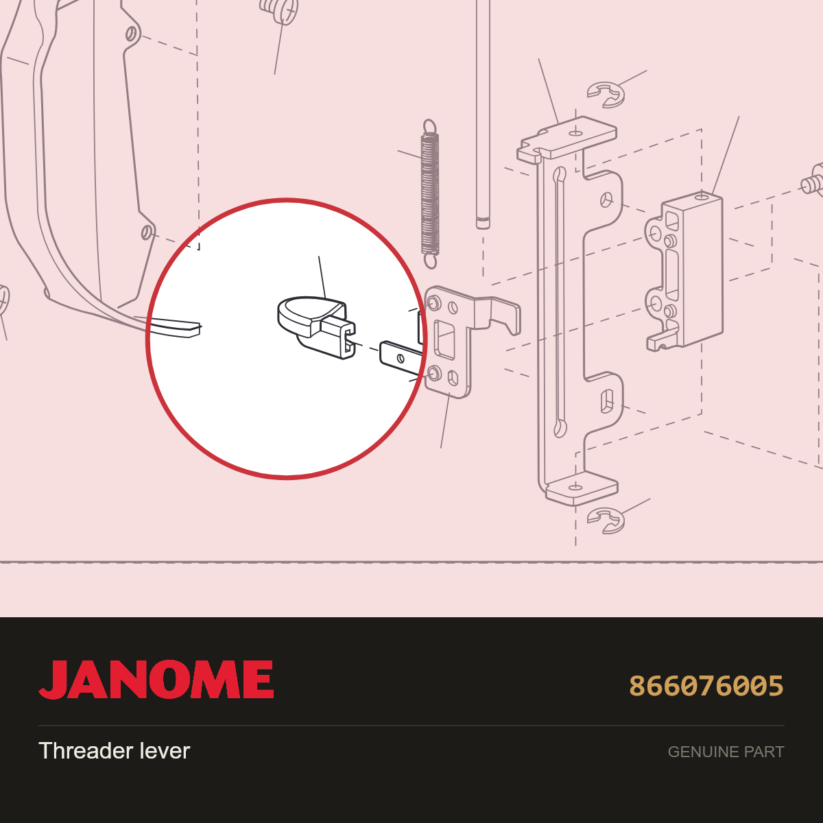 Threader lever, Janome #866076005 — shown on the Janome parts diagram