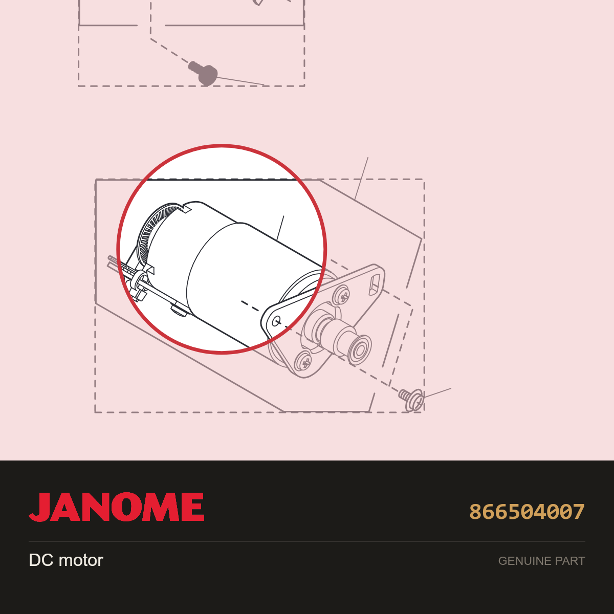 DC motor, Janome #866504007 — shown on the Janome parts diagram