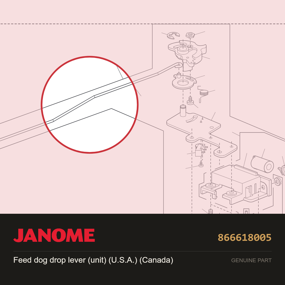 Feed dog drop lever (unit), Janome #866618005 — shown on the Janome parts diagram