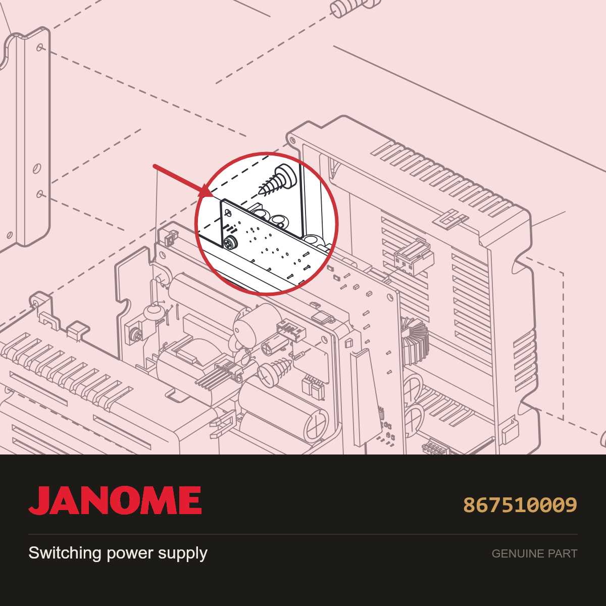 Switching power supply, Janome #867510009 — shown on the Janome parts diagram