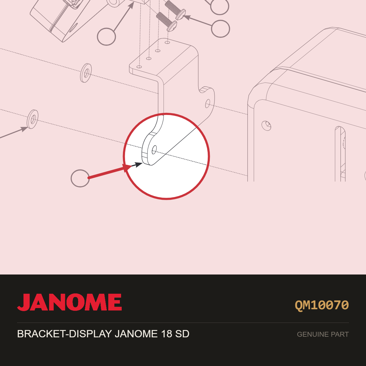 BRACKET-DISPLAY JANOME 18 SD, Janome #QM10070 — shown on the Janome parts diagram