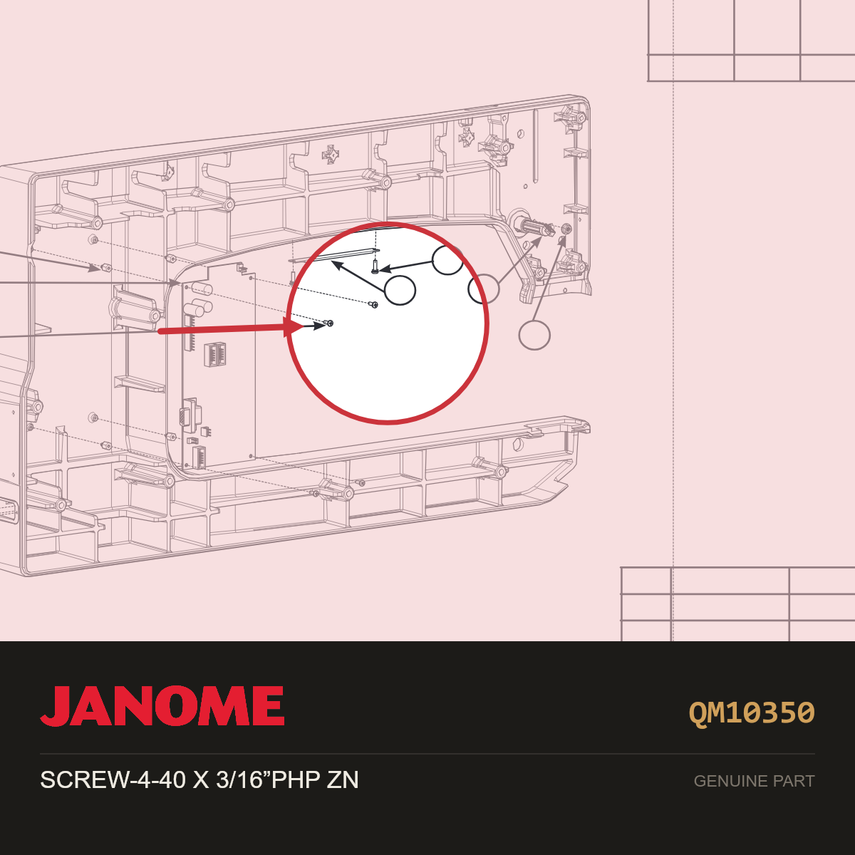 SCREW, 4-40 X 3/16 PHIL PAN HD, Janome #QM10350 — shown on the Janome parts diagram