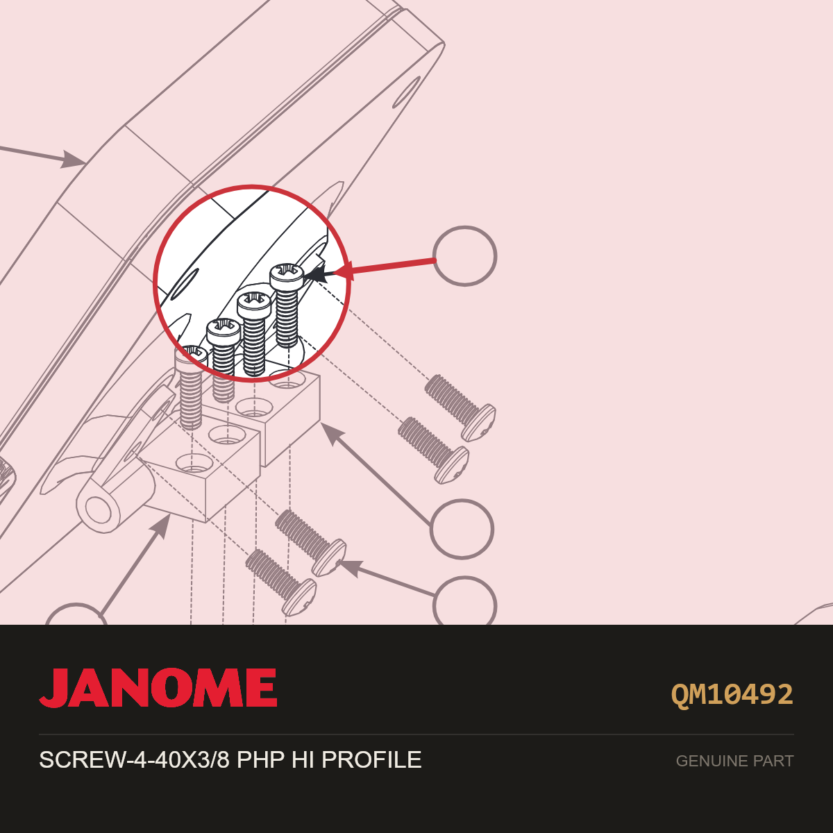 SCREW-4-40X3/8 PHP HI PROFILE, Janome #QM10492 — shown on the Janome parts diagram