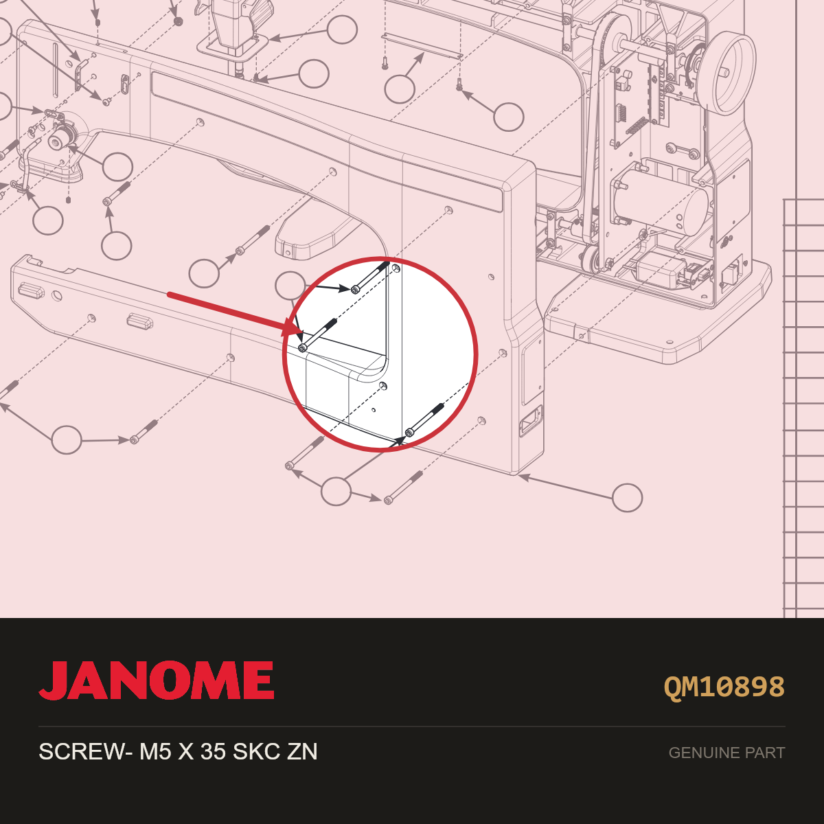 SCREW- M5 X 35 SKC ZN, Janome #QM10898 — shown on the Janome parts diagram