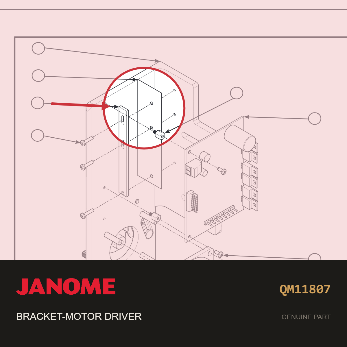 BRACKET CONTROLLER MOTOR, Janome #QM11807 — shown on the Janome parts diagram