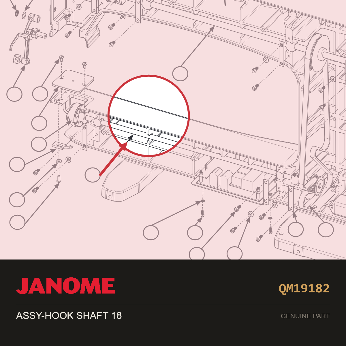 ASSY-HOOK SHAFT 18, Janome #QM19182 — shown on the Janome parts diagram