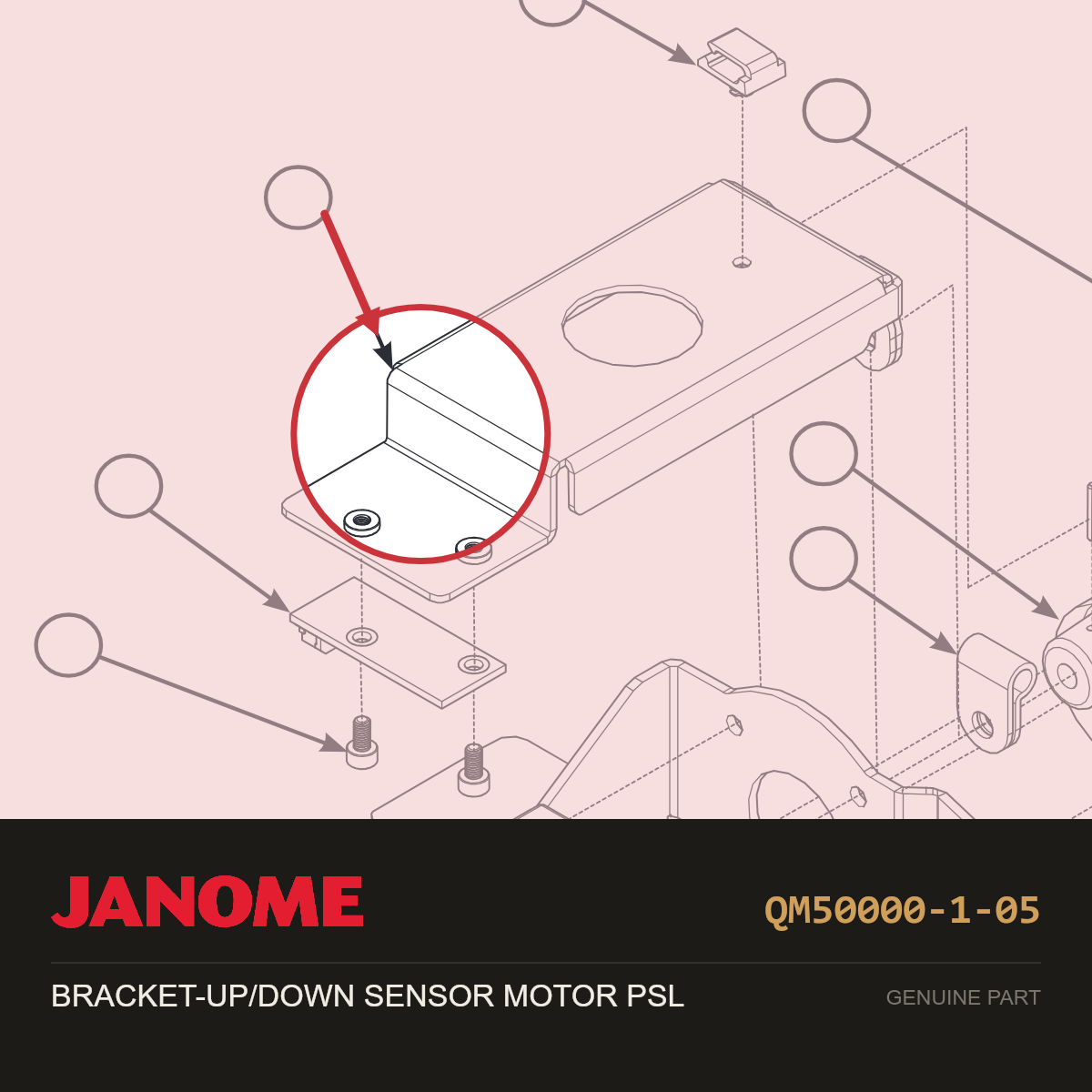 BRACKET-UP/DOWN SENSOR MOTOR, Janome #QM50000-1-05 — shown on the Janome parts diagram