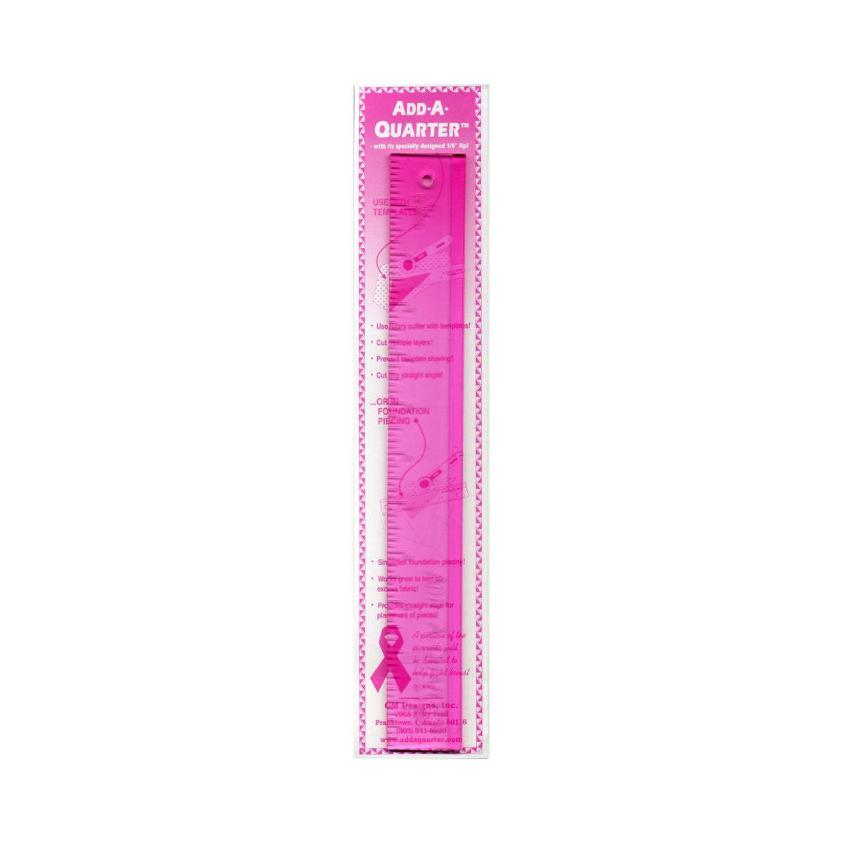 Add A-Quarter Ruler 1 1/2in x 12in Pink For Breast Cancer Awareness