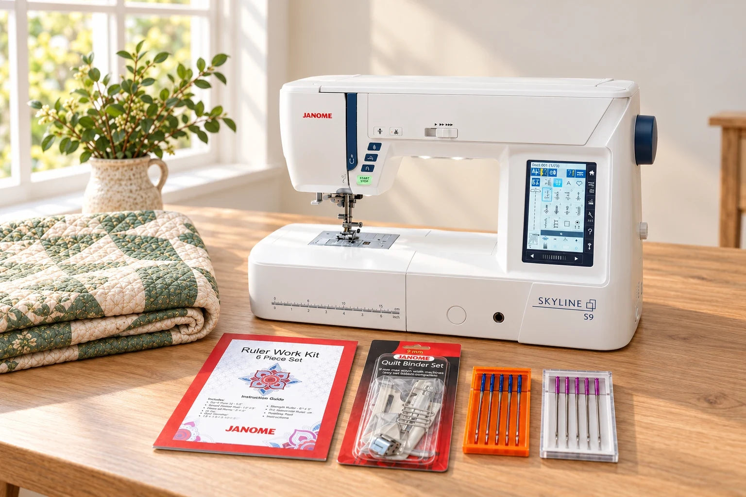 A Janome Skyline S9 sewing machine with its free accessory kit — needles, a quilt binder set and a ruler set — laid out beside it